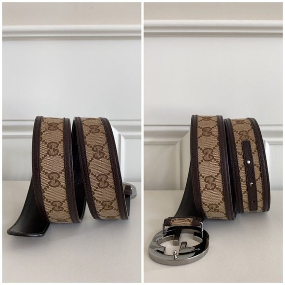 Authentic GUCCI Brown Monogram Canvas Leather Silver Interlocking G Buckle Belt main image 6